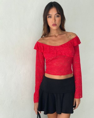 Cropped Tops Motel Rocks Soka Bardot Frill Damske Červené | TWK3691OH