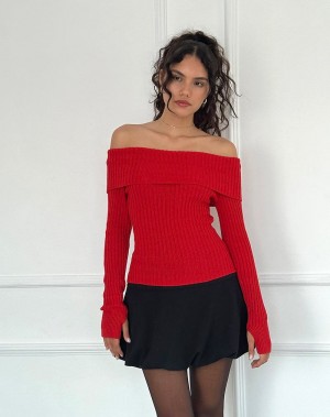 Jumpers Motel Rocks Circe Off-shoulder Long Sleeve Knit Top Damske Červené | YWM8877YT