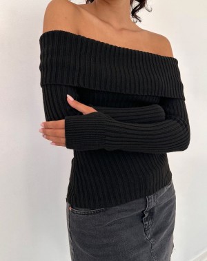 Jumpers Motel Rocks Circe Off-shoulder Long Sleeve Knit Top Damske Čierne | MCQ4180OE