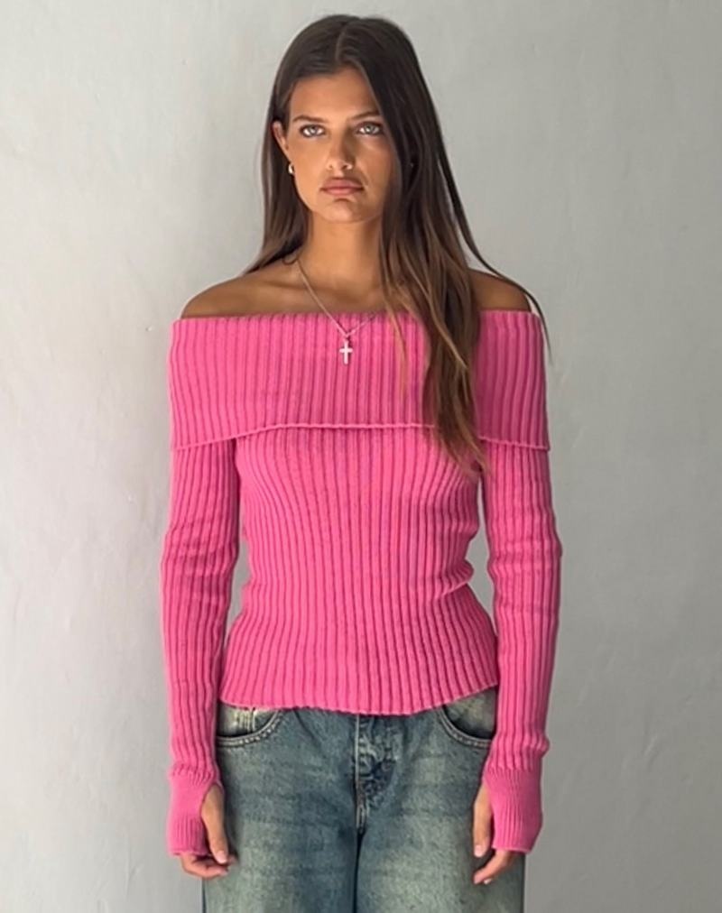 Jumpers Motel Rocks Circe Off-shoulder Long Sleeve Knit Top Damske Ruzove | MDP2673HA